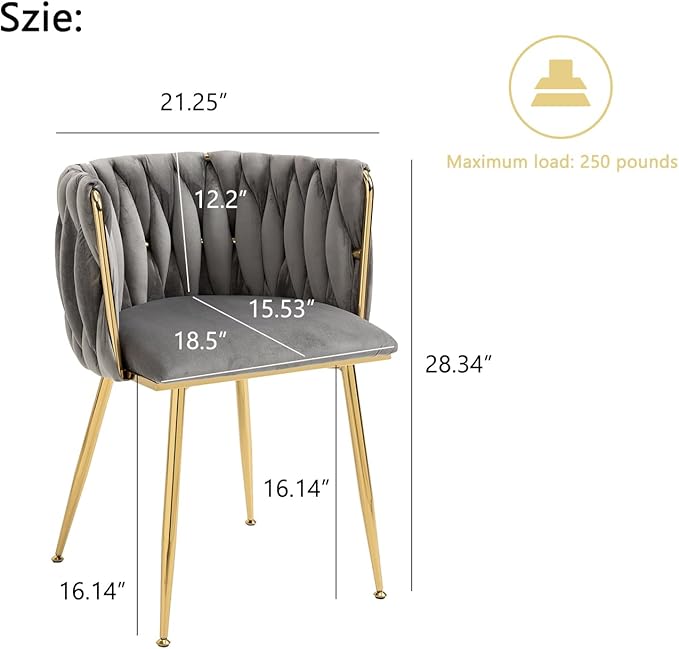 Nrizc Velvet Dining Chairs Set of 4, Woven Upholstered Dining Chairs with Gold Metal Legs, Modern Accent Chairs for Living Room, Dining Room, Kitchen (Grey)