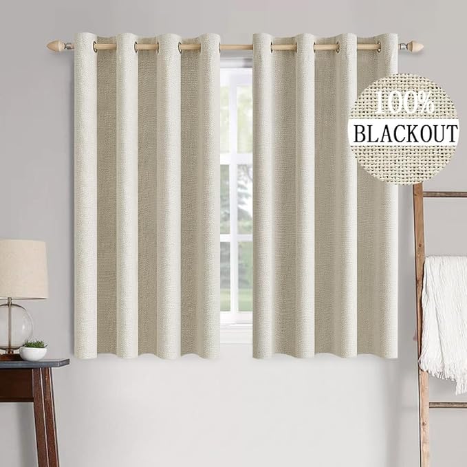 MIULEE 100% Blackout Linen Textured Curtains for Bedroom Solid Thermal Insulated Cream Grommet Room Darkening Curtains & Drapes Luxury Decor for Living Room Nursery 52 x 54 Inch (2 Panels)