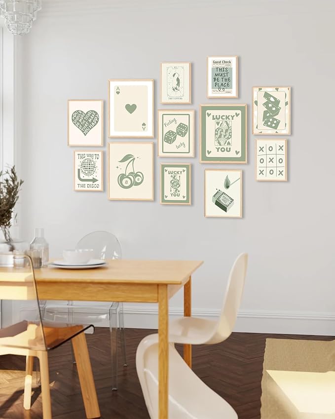 KBKBART Green Lucky Poster Set of 12, Retro Sage Green Playing Card Wall Art, Trendy Green Wall Art Aesthetic Pictures, Poker Room Decor, Funky Ace Card Prints Queen of Hearts Decor, Lucky You Poster for Bedroom Dorm Decor - UNFRAMED