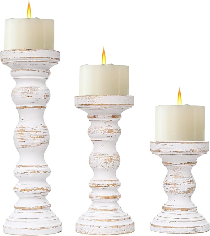 SWALLOWLIVING Rustic Farmhouse Wood Pillar Candle Holder Set of 3 for Candlestick, White