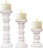 SWALLOWLIVING Rustic Farmhouse Wood Pillar Candle Holder Set of 3 for Candlestick, White