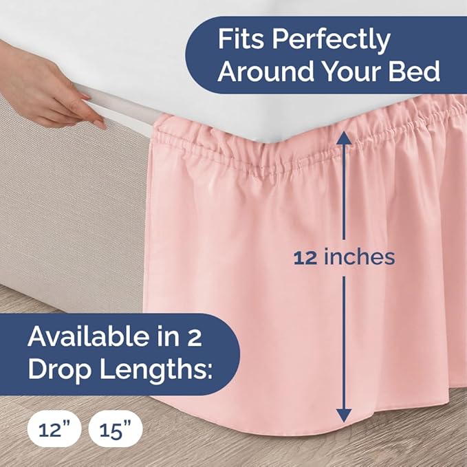 Wrap Around Dust Ruffle Bed Skirt - Baby Pink - King Size Beds w/ 12 Inch Drop - Easy Fit Elastic Strap - Adjustable Pleated Bedskirt w/Brushed Fabric - Wrinkle Free - Women, Men, Kids & Teens