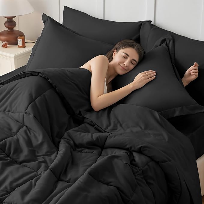 JOLLYVOGUE Queen Comforter Set, Ultra-Soft Bed in a Bag Queen Size 7 Pieces, Oeko-TEX Certified Bedding Set with Down Alternative Comforter, Sheets, Pillowcases & Shams, Black