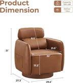 Modern 360° Leather Swivel Accent Chair with Adjustable Headrest, Chenille Accent Chair for Living Room, Vanity Chair for Makeup, Swivel Barrel Chair with Lumbar Pillow, Comfy Barrel Armchair, Camel