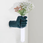 Green Wall Sculptures, Hand Vases Home Decor, Wall Mount Art Sculpture, Unique Wall Art Statue, Funky Flower Vase Decorations, Modern Eclectic Hanging Decor,Glass Test Tube Vase