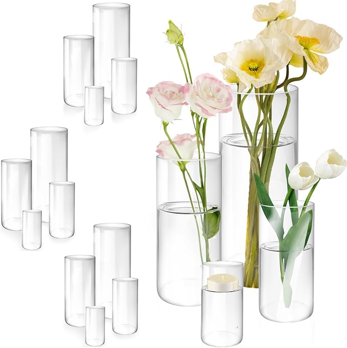 16 Pack Glass Cylinder Vases, 4,6,8,10 Inch Tall Clear Flowers Vases for Centerpieces, Floating Candles Vase,Hurricane Glass Candle Holders Vase for Wedding Home Tables Decor