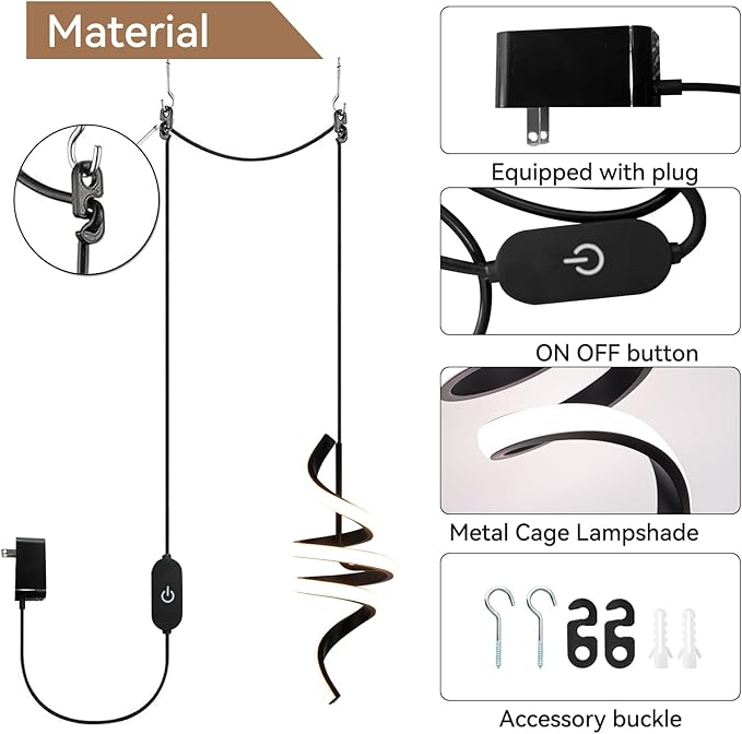 Plug in Pendant Light, 3000~6000K Hanging Lights with Plug in Cord, Touch Switch Modern Pendant Light, Black Hanging Lamps for Living Room, Kitchen, Dining Room, Bedroom,1 Pack