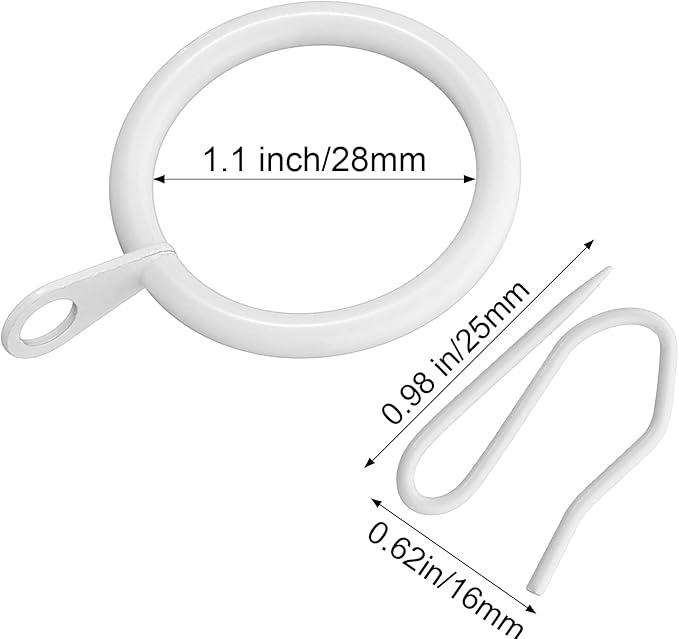 Hotop 30 Pcs Metal Drapery Curtain Rings 0.98/1.26/1.65 inch Interior Diameter and 30 Pcs Hanging Curtain Drapery Pin Hooks for Window Door Shower(25 mm,White)