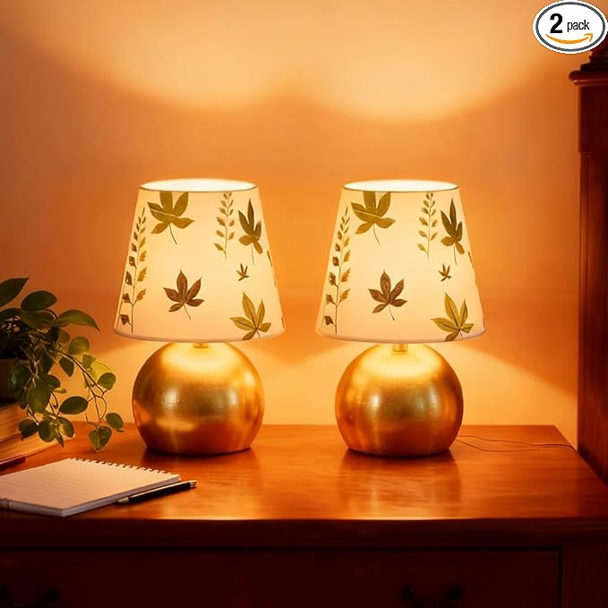 Set of 2 Small Gold Bedside Table Lamp with Maple Leaf Pattern Shade (Bulb Included)