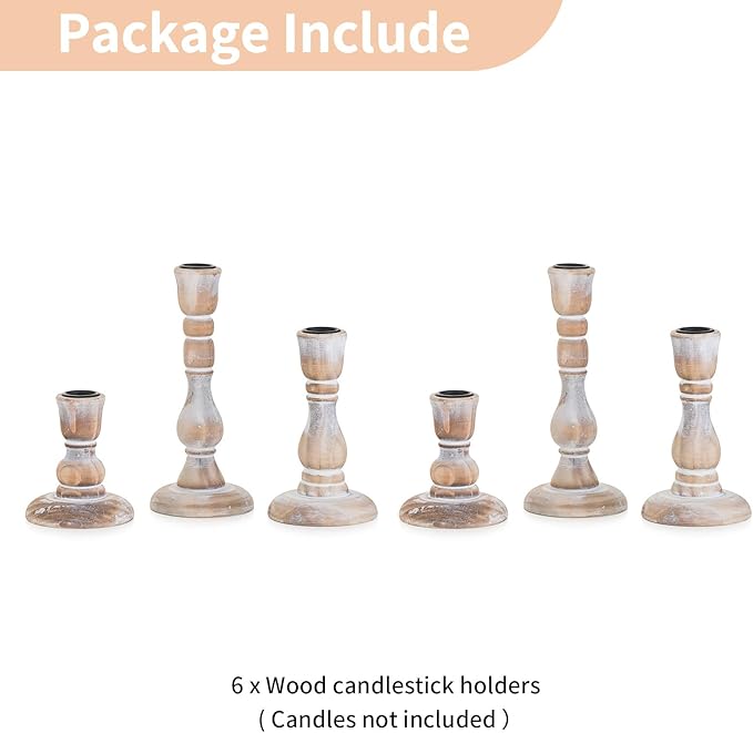 NUPTIO Rustic Candlestick Holders for Decor: Set of 6 Wood Taper Candles Holder - Vintage Candle Stick Tapered Holders for Fall Christmas Party Holiday Home Table Centerpiece