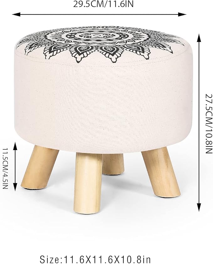 Asense Small Round Ottoman Foot Rest Stool Linen Padded Seat Footstool Ottoman with Anti-Slip Wooden Legs (White+Black,Linen)