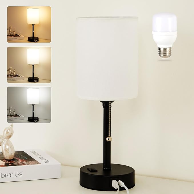 Small Bedside Table Lamp for Nightstand with USB & Outlet, 3 Color, Matte Black, White Lampshade (LED Bulb Included)