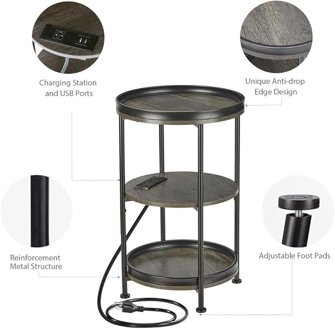 Dulcii Round Side Table with Charging Station, End Table with 3 Shelves for Living Room, Bedroom Nightstand with Steel Frame for Small Spaces, Industrial Round Sofa Table (USB+Grey)