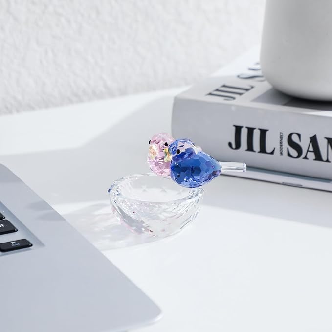 Crystal Bird Figurine Faceted Glass Birdy Nest Statue Valentine's Day Gift for Her Cute Animal Collectible Ornament Home Decor (Pink and Blue)