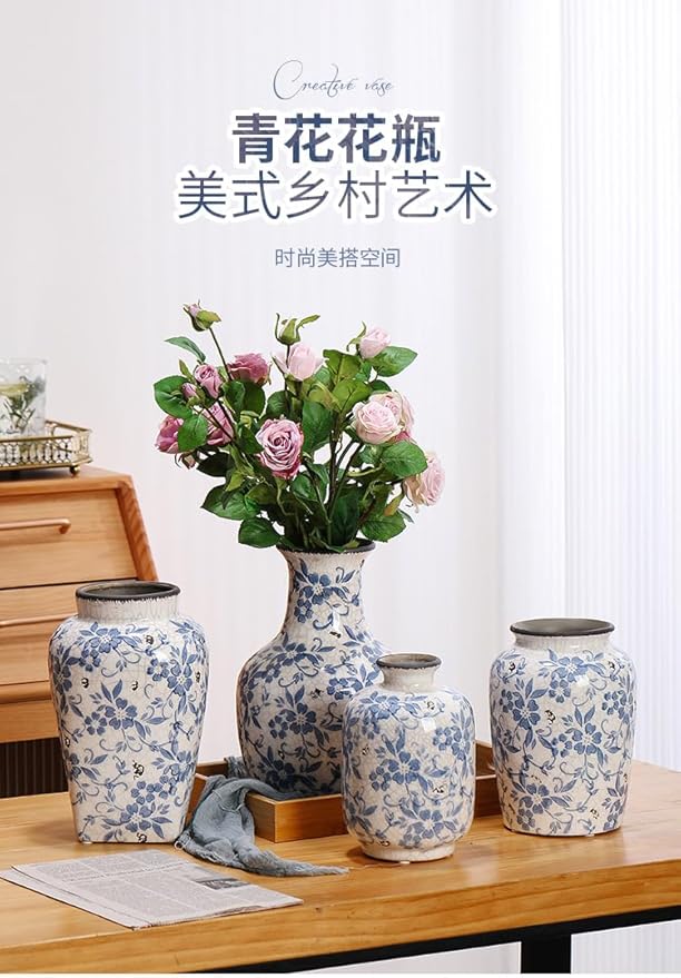 Blue and White Floral 10inch Ceramic Flower Vase, Traditional Chinese Style, Decorative Porcelain Container
