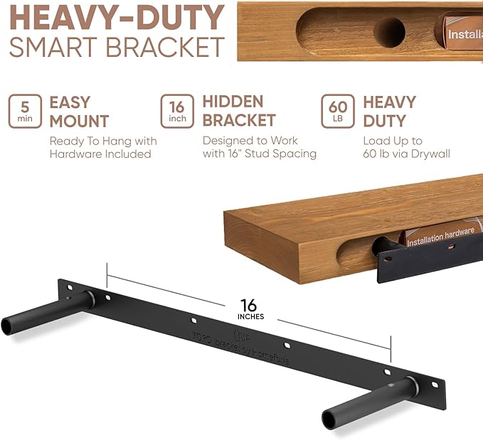 Homeforia 60 inch Golden Oak Floating Shelf, High End Solid Real Wood 60inch Small Floating Shelves for Wall Mounted, Oak Wooden 60in Floating Shelves, Heavy Duty Bracket, 60 X 6.5 X 1.75 in, Set of 3