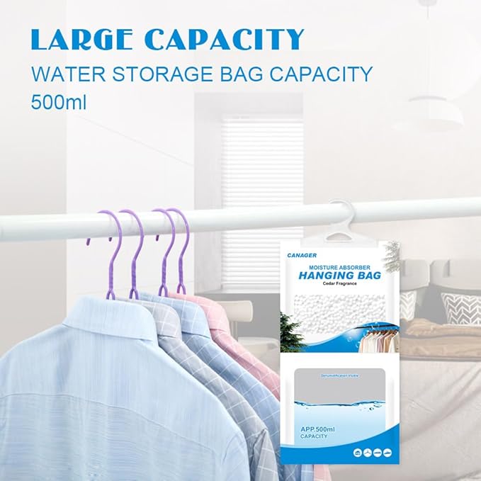 CANAGER Hanging Moisture Absorber,Cedar Fragrance Moistureproof Hanging Bag, Dehumidifier Bag (8 packs) Hanging Closet Dehumidifier Bags, Moisture Absorb 12.5 oz.