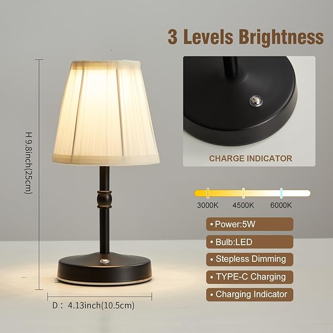 LED Cordless Mini Lamp 5W,3000 mah Battery Operated Lamps,3 Color Temperature Dimmable Table Light,Small Rechargeable Lamp,Kitchen Lamps countertop,Restaurant (Black,2pack)