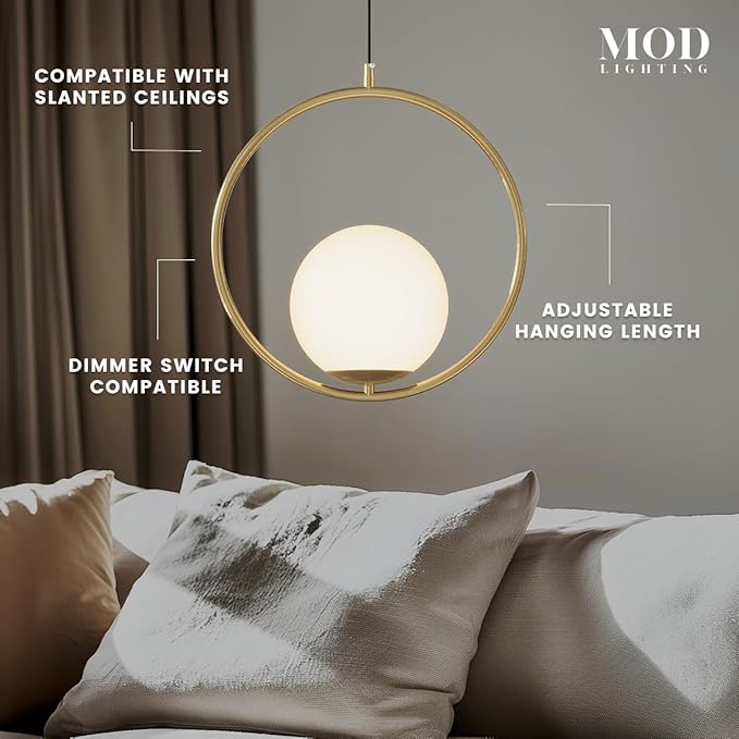 𝗠𝗢𝗗 𝗟𝗜𝗚𝗛𝗧𝗜𝗡𝗚 Jewels & Pearls | Modern Gold Pendant Light Fixtures, Hanging Globe Pendant Lights for Kitchen Island Lighting, Dimmable LED Bulb Included, 1 Pack (Gold | Warm White | Circle)
