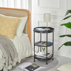 Dulcii Round Side Table with Charging Station, 24'' End Table with 3 Shelves for Living Room, Bedroom Nightstand with Steel Frame for Small Spaces, Industrial Round Sofa Table (USB+Black)