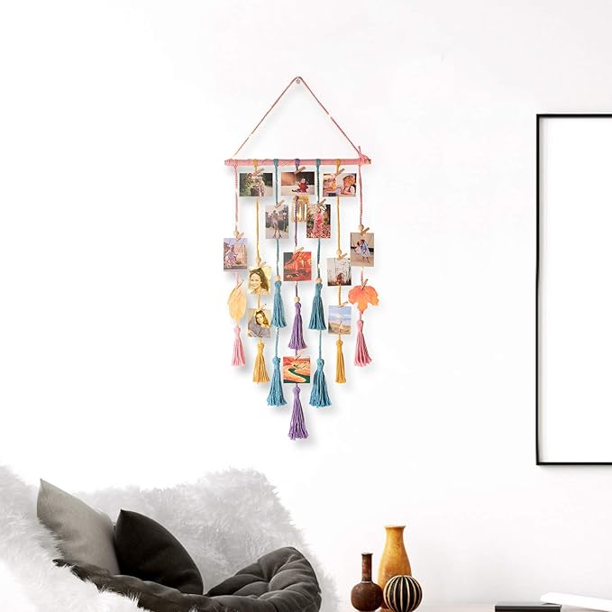 Homecor Room Decor for Teen Girls, Hanging Photo Display Macrame Picture Collage Wall Decor, Boho Decor for Bedroom Apartment Dorm Room with Remote Light, Christmas Birthday Gifts for Teenage Girls