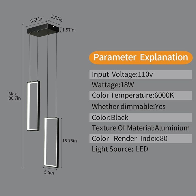 Modern Kitchen Pendant Light Fixture Black 18W LED Pendant Light 2 Rings Rectangle Chandelier Pendant Lighting for Kitchen Island Living Room Dining Room Bedroom