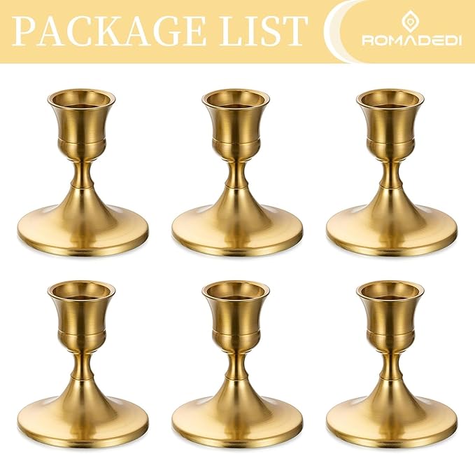 Romadedi Gold Candlestick Candle Holders for Taper, 6 PCS Gold Brass Color Candle Stick Candle Holder for Table Centerpiece, Wedding Reception, Festive Christmas Mantel Decoration or Home Decor