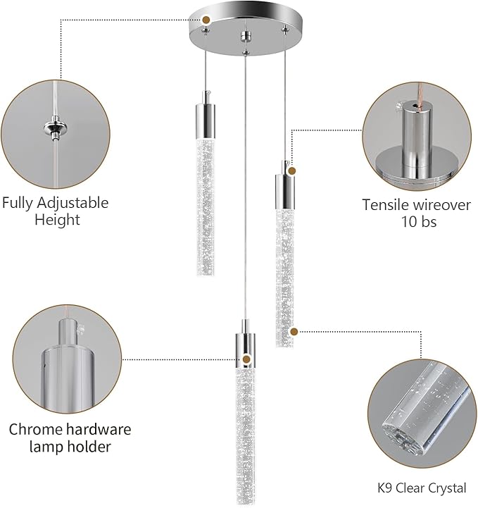 Modern Light Fixture Kitchen Island Pendant Light Dimmable LED Chrome Pendant Lights Mini Crystal Pendant Lighting for Bedroom Dining Room Living Room（3-Light ）