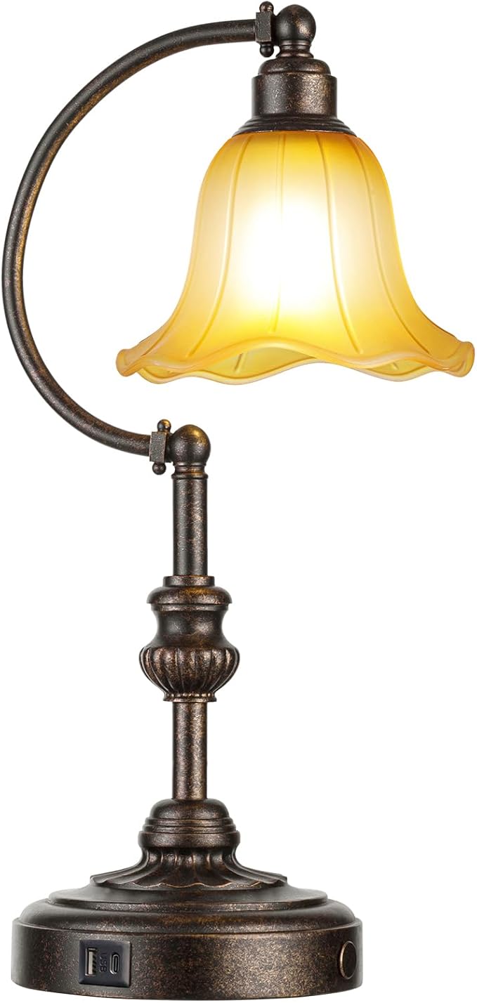 RORIA Touch Farmhouse Table Lamp for Living Room, 3-Way Dimmable Rustic Nightstand Lamp with USB A+C Ports, Vintage Retro Lamp for Bedroom End Table with Amber Glass Shade, LED Bulb Included (Bronze)