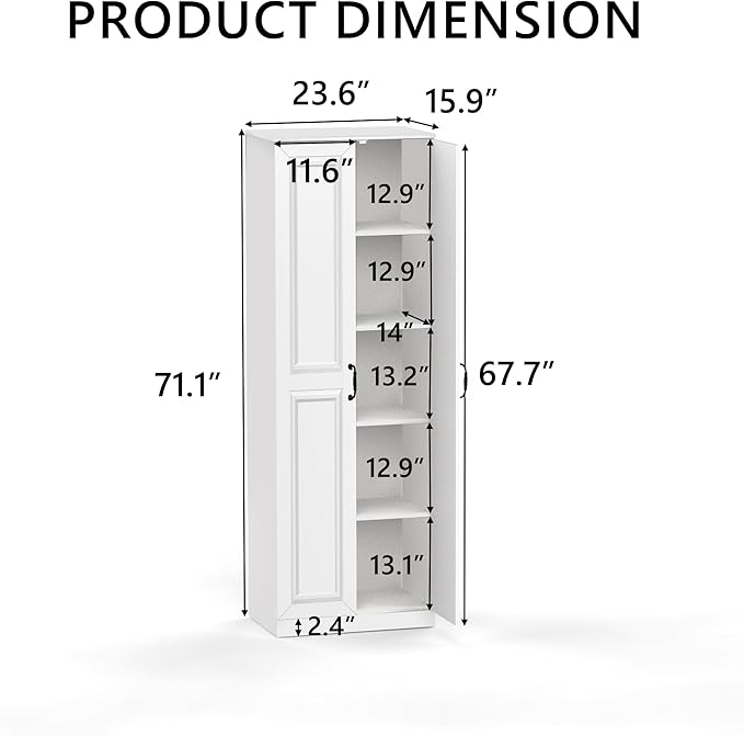 Storage Cabinet/Pantry cabinets, Soft White Finish, 71" Tall Wood Cupboard with 2 Door and 3 Adjustable Shelves for Kitchen, Dining Room, Living Room, Bathroom (Style 1)