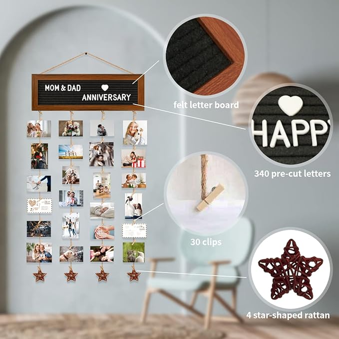 Picture Frames Collage Wall Decor Photo Collage Frame Hanging Photo Display, Felt Letter Board with 340 Letters and 30 Clips, Unique Rustic DIY Photo Frames for Family Best Friends
