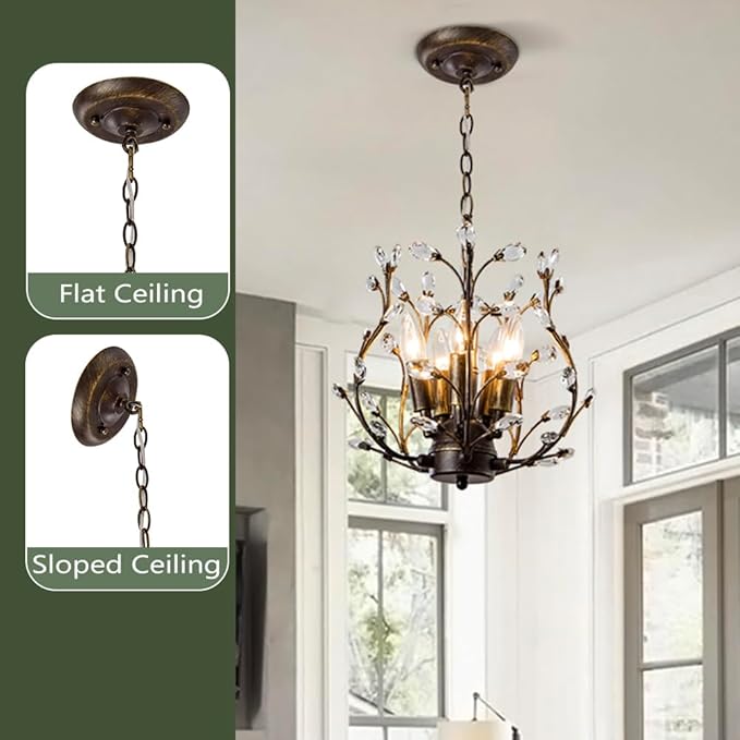 5-Light Vintage Crystal Branch Chandelier Farmhouse Hanging Pendant Light Fixtures for Living Room Dining Room Foyer Kitchen Island Hallway, Aged Bronze