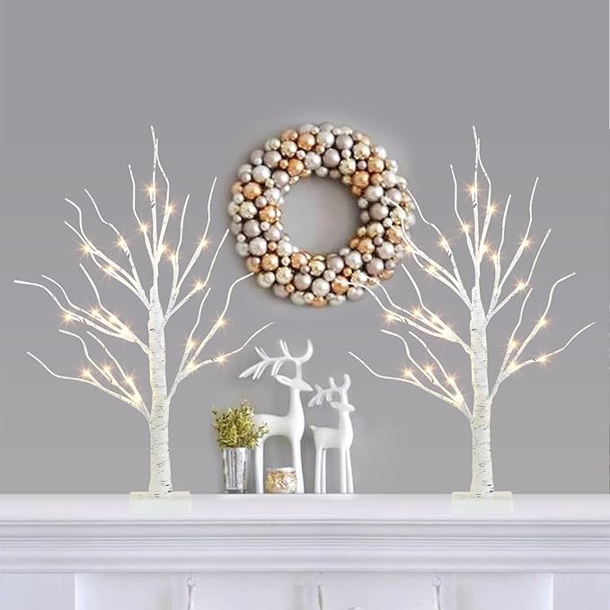 PABIPABI Christmas Decorations 2 Pack Lighted Birch Tree, Artificial Tree with 24 LED Warm White Lights Battery Powered Timer Room Decor, Tabletop Ceterpieces Trees for Home Party Wedding Decor (2FT)