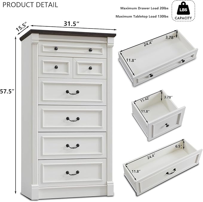 Farmhouse 7 Drawers Dresser for Bedroom, 57" Tall Dressers & Chests of Drawers w/Roman Column, Large Storage Dressers Organizer for Bedroom, Hallway, Living Room, White