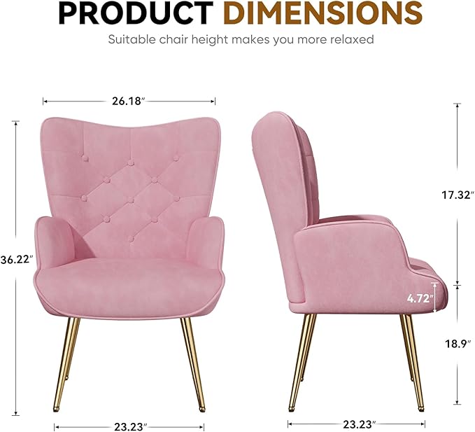 Nalupatio Mid Century Modern Accent Chair, Velvet Upholstered Armchair with Metal Legs, Tufted Button Wingback Side Chair, High Back Reading Chair for Living Room Bedroom, Pink