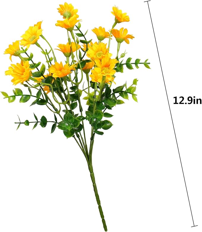alyptus Fake Mums Outdoor Yellow Flowers 8 Bundles Plants for Outside Fall Artificial Flower UV Resistant for Wedding Home Garden Window Box Decor