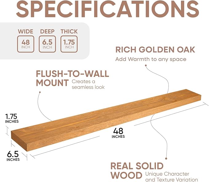 Homeforia 48 inch Golden Oak Floating Shelf, High End Solid Real Wood 48inch Small Floating Shelves for Wall Mounted, Oak Wooden 48in Floating Shelves, Heavy Duty Bracket, 48 X 6.5 X 1.75 in, Set of 3