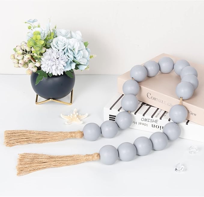 OMISHE Extra Large Wood Bead Garland Grey with 1.6" Diameter Wooden Beads and Tassels, 41" Long Rustic Farmhouse Country Decorative Beads for Home Farmhouse Decor, Grey
