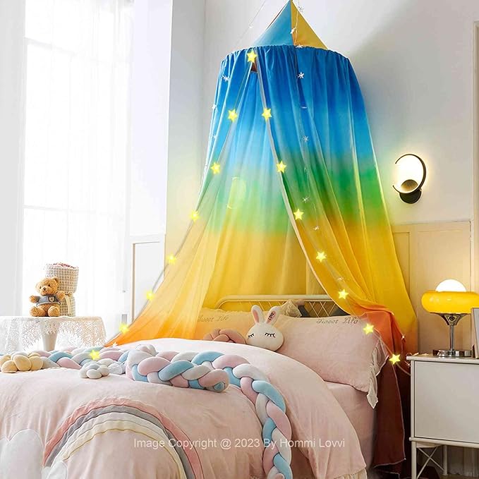 Rainbow Print Kids Bed Canopy, Girls Princess Canopy Dreamy Room Decor, Soft Hanging Reading Nook Play Tent Canopy, Extra Large Full Size with String Light
