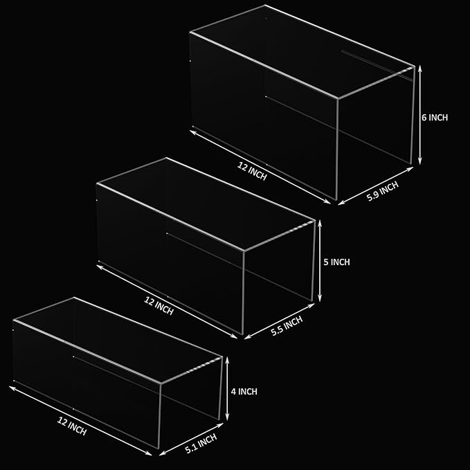Clear Display Risers Shelf 3pcs, Countertop Rectangular Acrylic Display Storage Organizer, Acrylic Stands for Funko Pop Figure, Cosmetics, Bags, Shoes, Toys, Collectibles - 12- 4'', 5'', 6''
