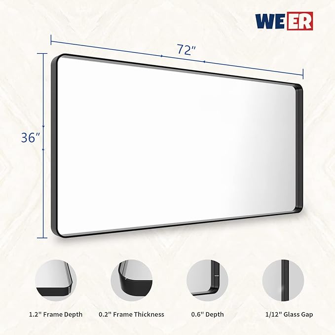 WEER Black Bathroom Mirror 72x36 Inch, Black Metal Framed Mirror for Wall, Large Rounded Rectangle Matte Black Vanity Mirror Farmhouse, Anti-Rust, Tempered Glass, Hangs Horizontally or Vertically
