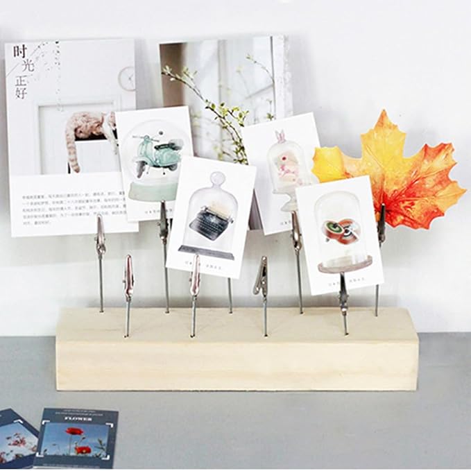 Mollytek Wood Desktop Photo Holder with Clips Multi Photo Display Stand Double Side Memos, Cards, Gallery Picture Display Stand with 9 Wire Clips (9 Clips)