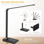 LED Desk Lamp with Wireless Charger, USB Charging Port, Night Light, 5 Color Modes, 10 Brightness, Eye Caring Reading Table Lamp for Home Office, Touch Control, Auto-Timer, Adapter Included