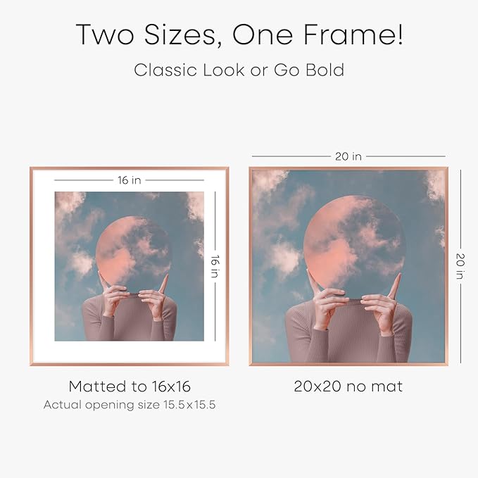 Homeforia 20x20 Picture Frame Rose Gold, High End Metal 20 x 20 Square Poster Frame with Mat 16 x 16 Photo, 20x20 Frame Matted to 16x16 Print, 20by20 Hanging Frames, Tempered Glass, Wall Kit, Set of 1