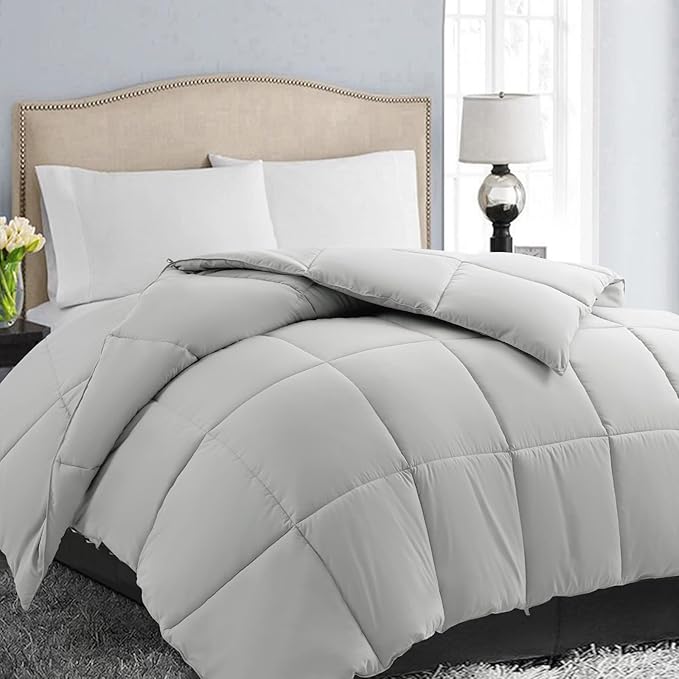 EASELAND Oversized King Down Alternative Comforter - Quilted Duvet Insert for All Seasons, Soft Lightweight with Corner Tabs, Summer Winter Warm Bedding, Light Grey 98x116 Inches