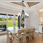 5-Lights Modern Chandelier with Clear Glass Shades, Black Farmhouse Pendant Lighting for Dining Room Kitchen Island Ceiling Light Fixture Haning Over Table