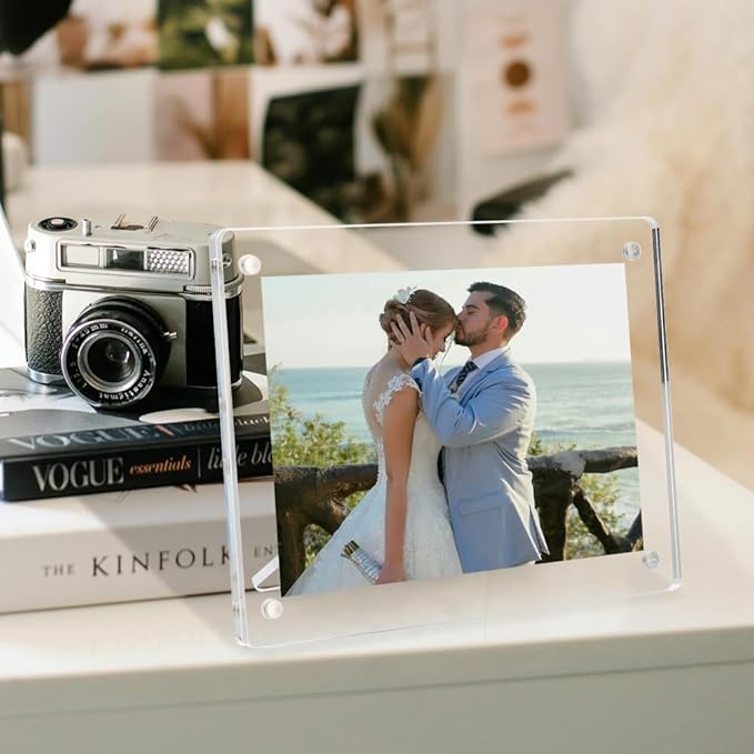 5x7 Picture Frame Clear Acrylic Magnetic Tabletop Photo Frame Frameless with Removable Magnetic Stand for Home/Office Desk/Table Picture/Note Display, 2 Pack (Clear, 5 * 7 in)