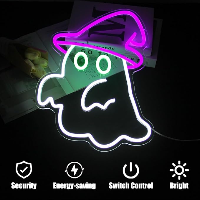 Witch Hat Ghost Neon Signs for Wall Decor Halloween Neon Sign Spooky Ghost LED Sign Gothic Lamp Neon Lights Signs Purple Witch Hat Neon Wall Sign for Bedroom Bar Halloween House Party Decor