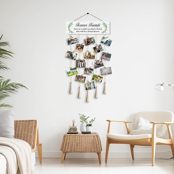 Forever Friends Hanging Photo Display Board with 16 Clips 5 Strings,Rustic Style Picture Collage Frames Wall Decor Wood Hanging for Home Dorm Décor,Housewarming Gifts for Friends Besties