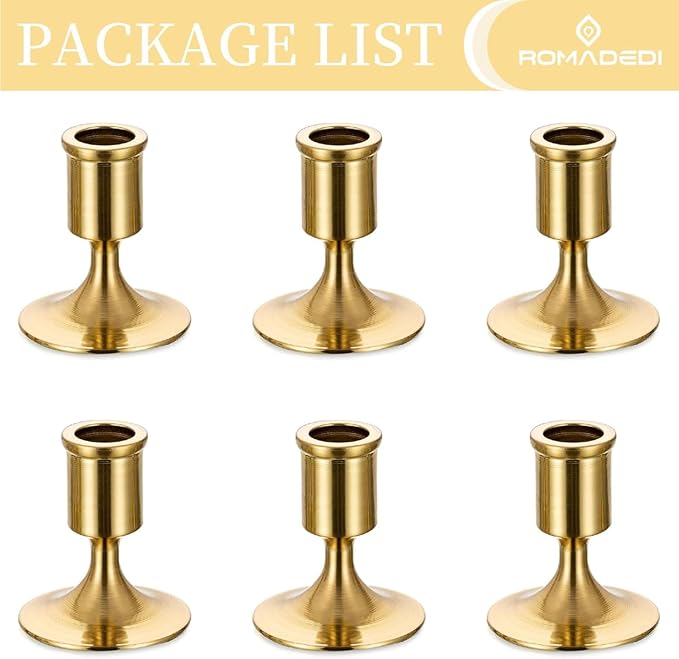 Romadedi Gold Candlestick Candle Holders for Taper, 6 PCS Gold Brass Color Candle Stick Candle Holder for Table Centerpiece, Wedding Reception, Festive Christmas Mantel Decoration or Home Decor